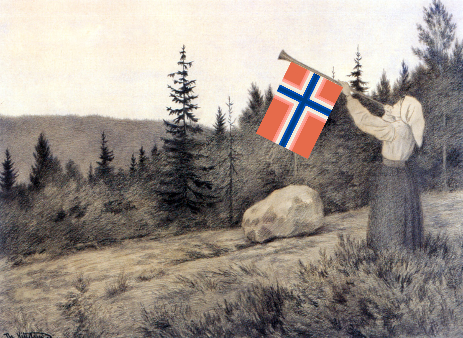 Illustrasjonsbilde: Op under Fjeldet toner en Lur. Theodor Kittelsen (1857–1914) Endringer gjort.